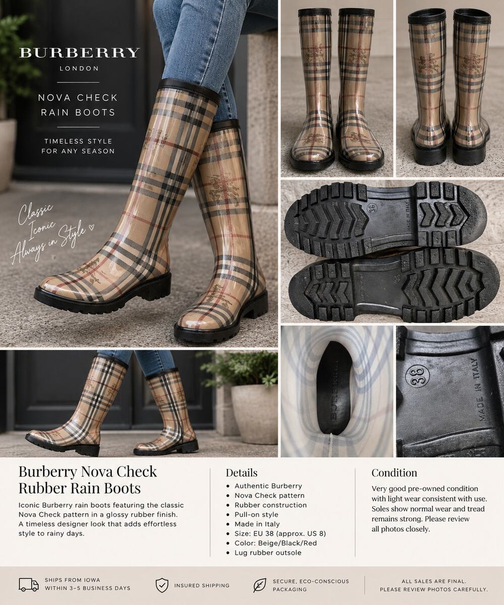 Burberry Nova Check Rubber Rain Boots EU 38 Made Italy